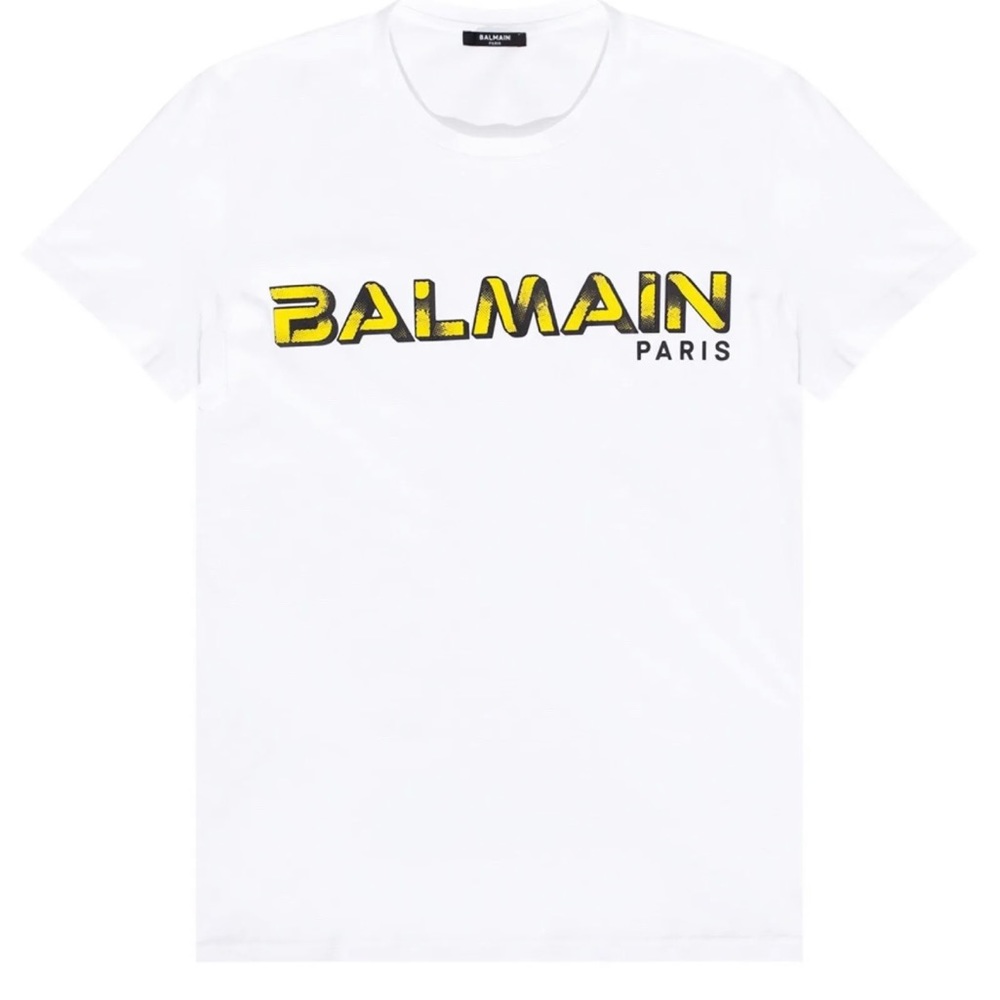 Balmain White Large Graphic Logo Print Cotton Crewneck T-shirt